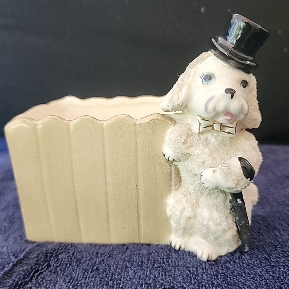 Vintage Spaghetti Poodle Planter White w Top Hat Umbrella Fence Succulents Herbs